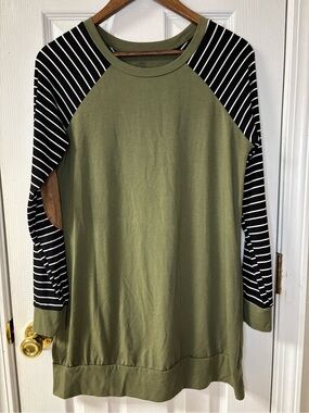 Tickled Teal Olive Green Tunic with Black & White Striped Raglan Sleeves